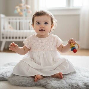 Lili Gaufrette Girls Dress Eyelet Layer Tiered 6 Months Pink White